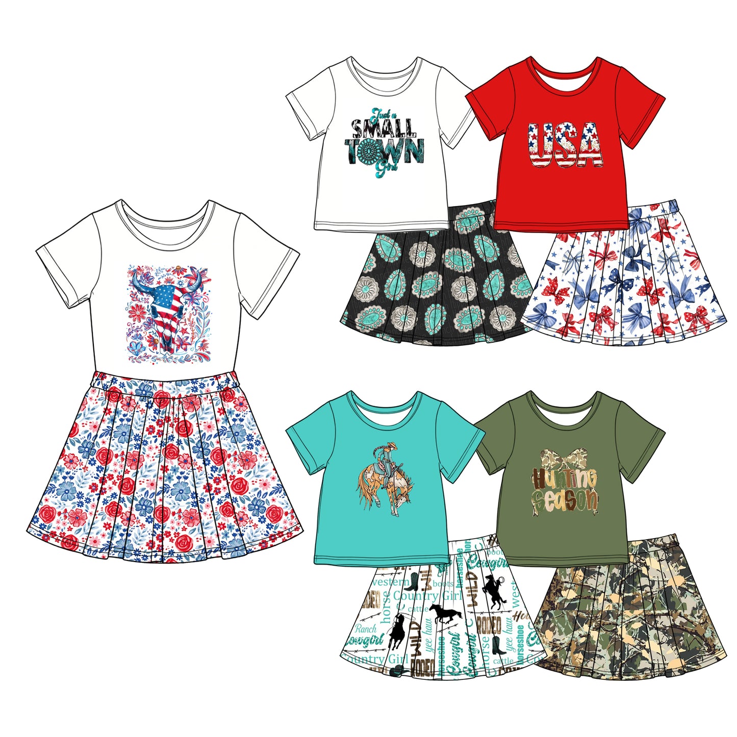 4.8  Custom moq 5 mix size Sibling Baby Girl 4th of July Bow Short-Sleeved Top And Skirt Set Cute Outfit for Little Girls