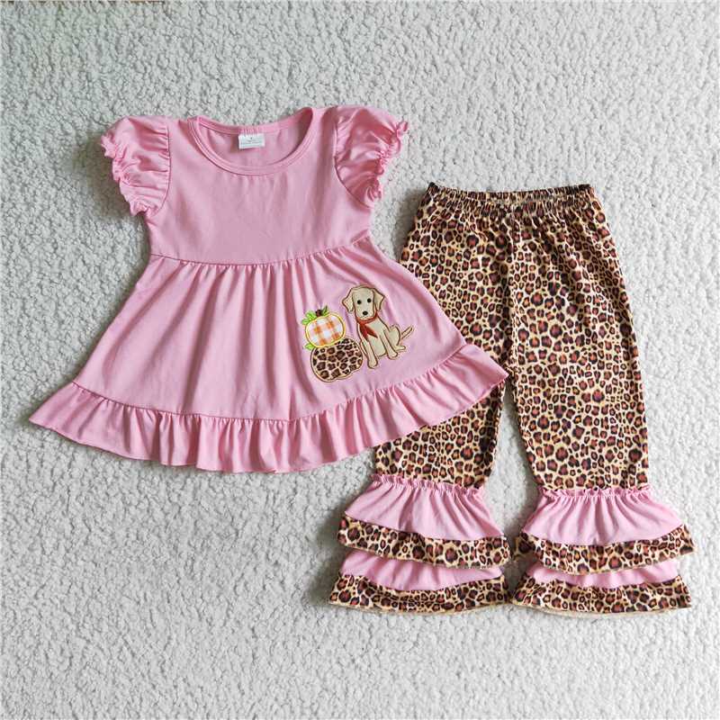 RTS Embroidered Pumpkin Puppy Halloween Embroidered Puppy Plaid Boys Girls Outfits Pants Suit