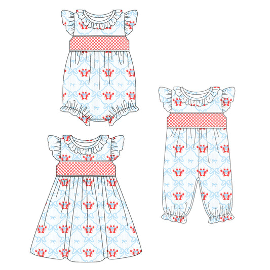 25.10.15 custom each style moq 5 eta 6-8week Sibling Sister lobster baby short sleeve romper 2 and dress match design