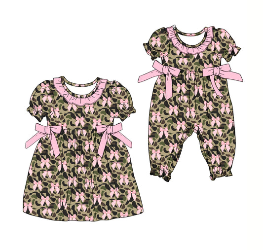 25.12.15 custom each style moq 5 eta 6-8week Sibling Sister camouflage bow baby short sleeve romper and dress match design