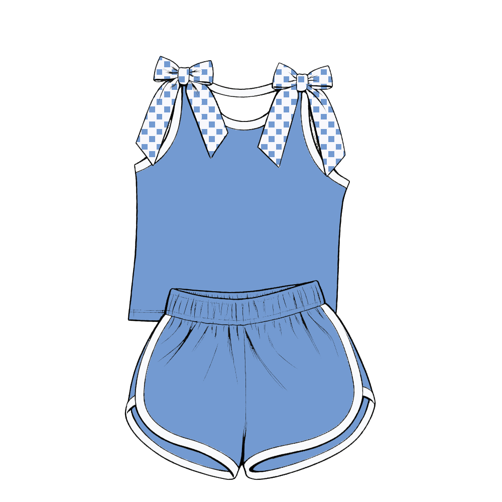 custom moq 5 mix size Baby Girls Light Blue Bow Sleeveless Top Shorts Summer Casual Clothes Set