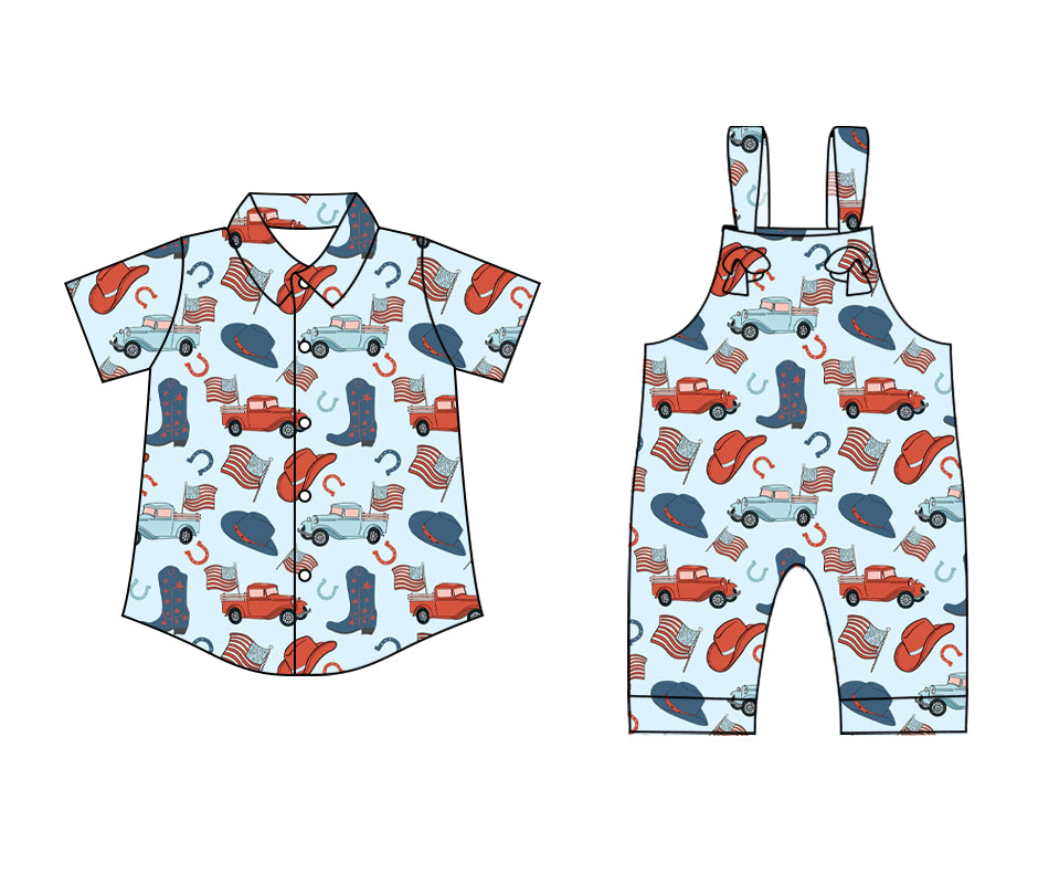 25.12.29 custom each style moq 5 eta 6-8 week Sibling Sister car boot hat flag baby boy short sleeve top and jumpsuit match family design