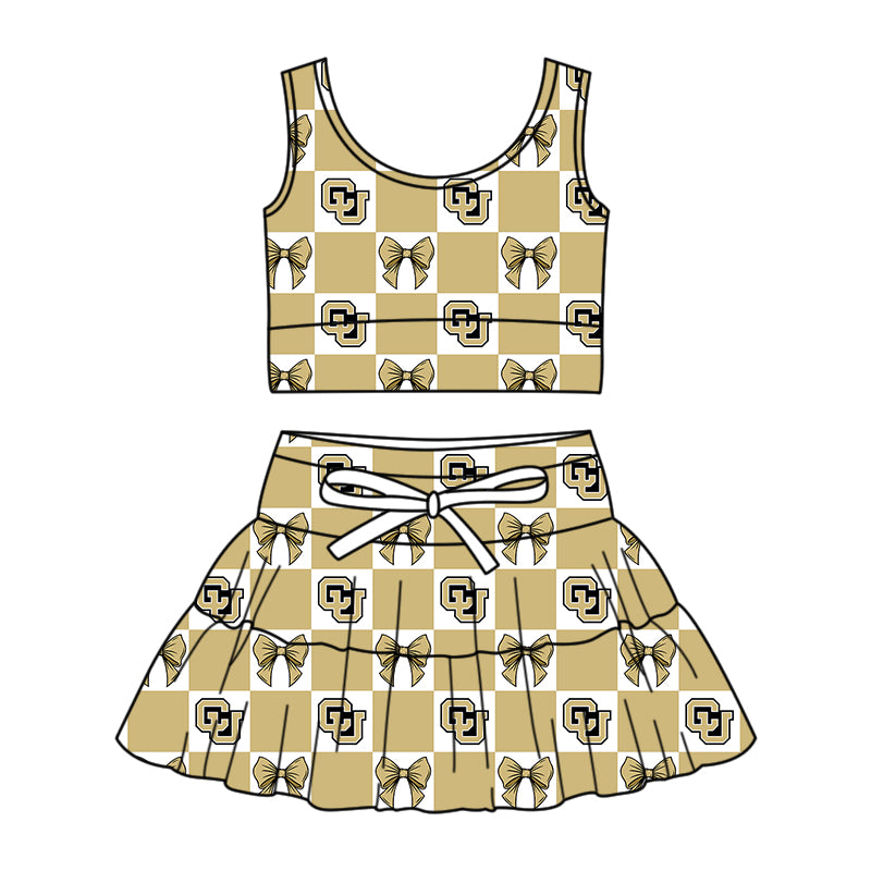 Custom moq 5 mix size Milk Silk Summer Girls' Set Letter Bow Print Plaid Sleeveless Skirt 3-Piece Set Includes Dress and Shorts-26.1.27