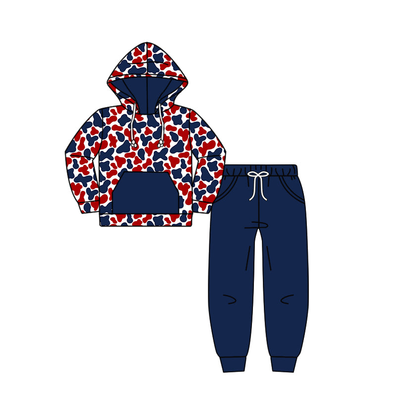 Custom moq 5 mix size milk silk summer teams baby girls clothes camouflage blue hooded long sleeve pants sets 2 and boy pants sets and pant-25.8.8