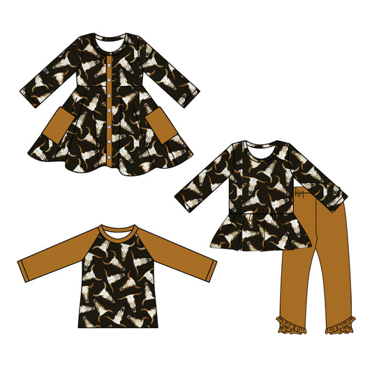 25.8.11 custom each style moq 5eta 4-6week Sibling Sisters cow head baby girl long sleeve pants sets and dress and top match family design