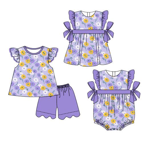 3.30 Custom moq 5 mix size Sibling Baby Girl's Flowers Purple Flutter Sleeve Top And Scallop Shorts Set Cute Romper Dress for Summer