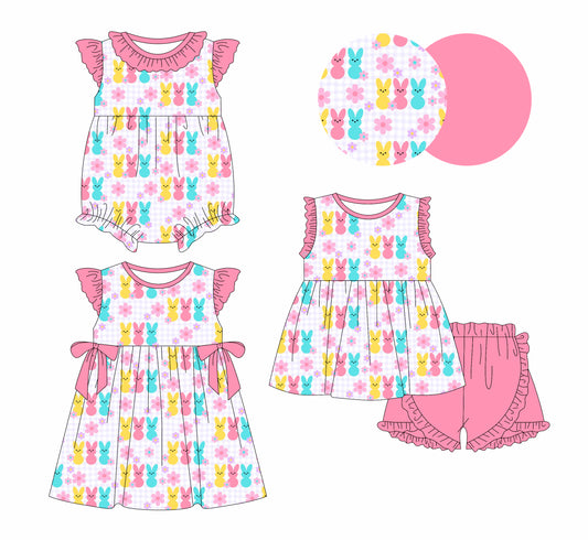 25.12.27 custom each style moq 5 eta 6-8week Sibling Sister bunny floral baby short sleeve shorts sets and romper and dress match design