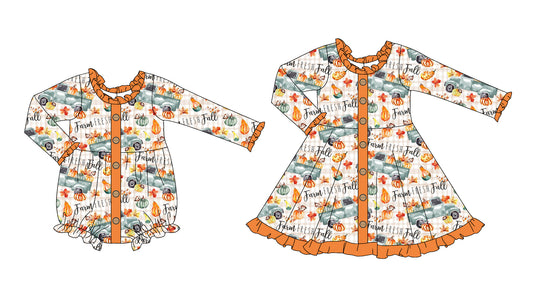 25.6.2 custom each style moq 5eta 4-6week Sibling Sisters fall pumpkin baby girl long sleeve dress and rompers match family design