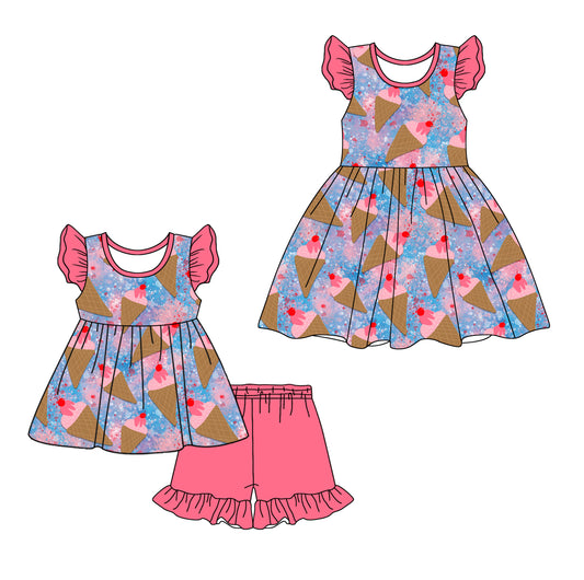 12.26 custom each style moq 5eta 4-6week Sibling Sister ice cream baby girl short sleeve shorts sets and dresses match design