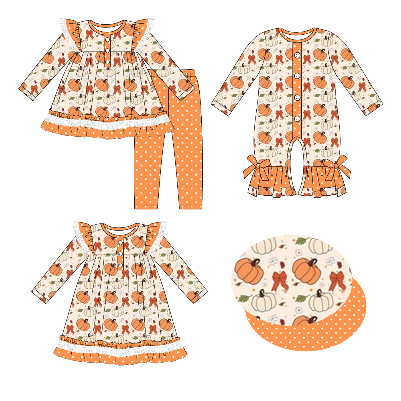 25.6.7 custom each style moq 5eta 4-6week Sibling Sisters pumpkin bow baby girl long sleeve pants sets and dress and rompers match family design