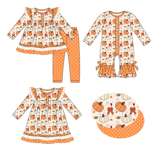 25.6.7 custom each style moq 5eta 4-6week Sibling Sisters pumpkin bow baby girl long sleeve pants sets and dress and rompers match family design