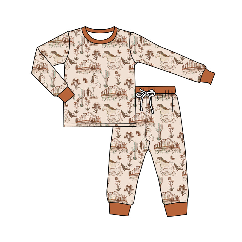 6.4 custom each style moq 5eta 4-6week Sibling Sister horse brown boys pajamas outfits and baby romper match family design