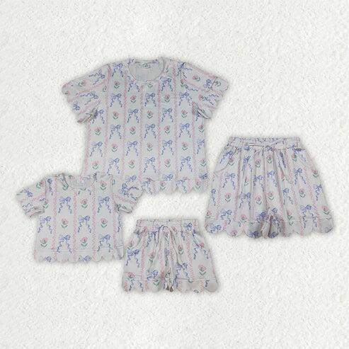 RTS NO MOQ Sibling Mom And Me Bows Flowers Stripe Short Sleeve Top With Pockets Scallop Shorts Sets