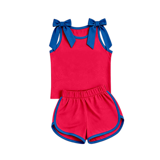 custom moq 5 mix size Baby Girls Blue Bow Red Sleeveless Top Shorts Clothes Set