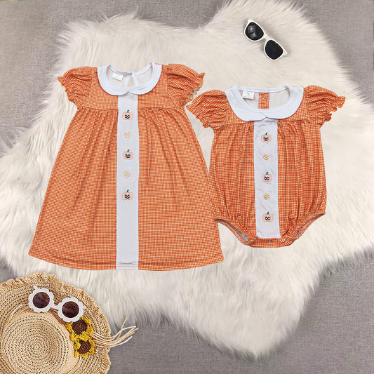 RTS Sibling Boys and girls Embroidered halloween pumpkin Short Sleeve dress rompers