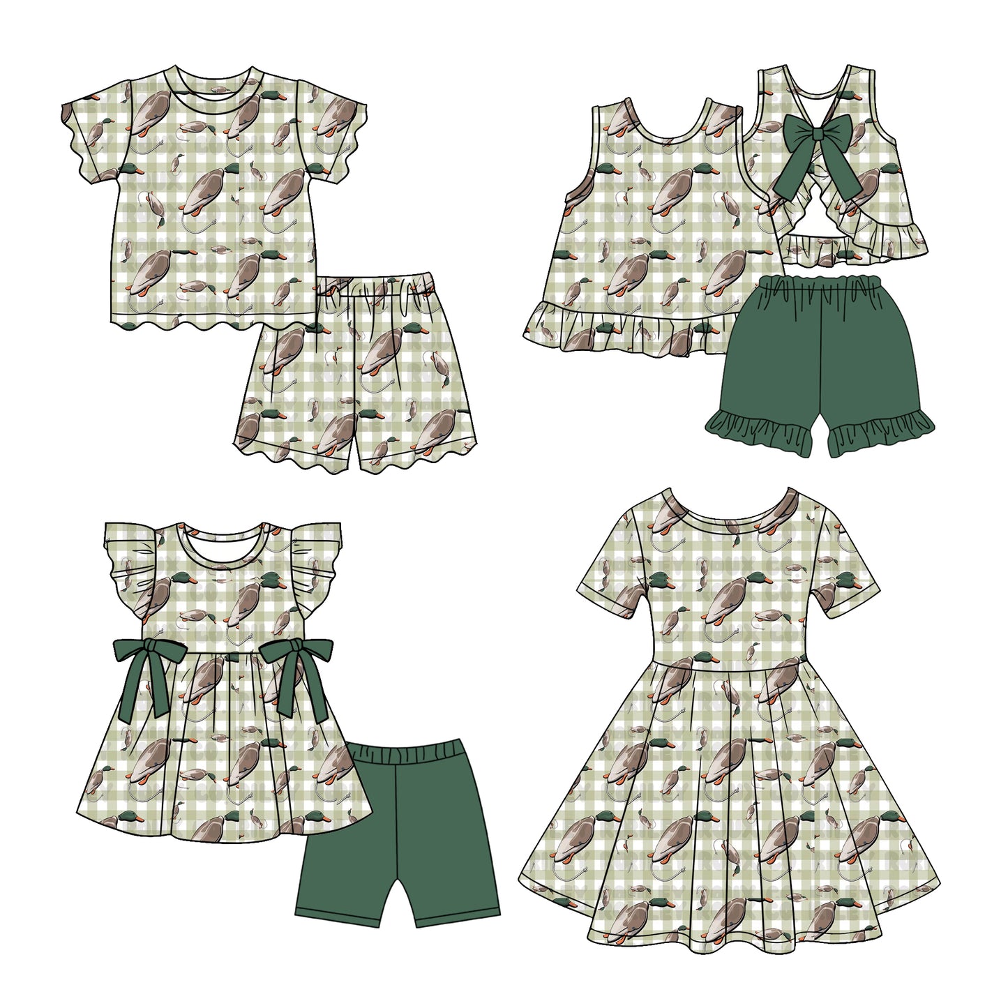 2.26 Custom moq 5 mix size Sibling Baby Girl Green plaid Short-Sleeved Outfit  And Dress