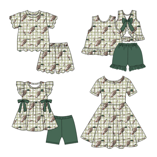 2.26 Custom moq 5 mix size Sibling Baby Girl Green plaid Short-Sleeved Outfit  And Dress