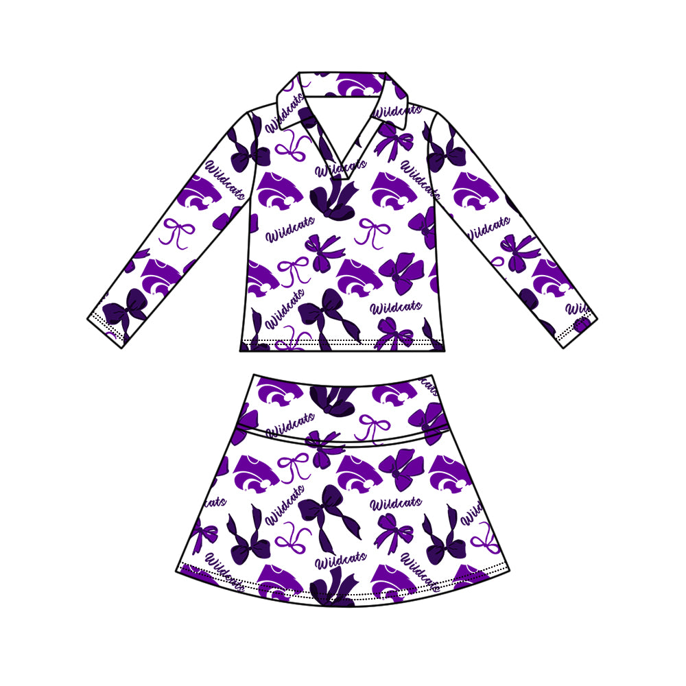 Custom moq 5 mix size summer teams Girls Polka Dot Top Shorts Set Purple Bows Top Skirt Short Set Zipper Pullover Pants Set