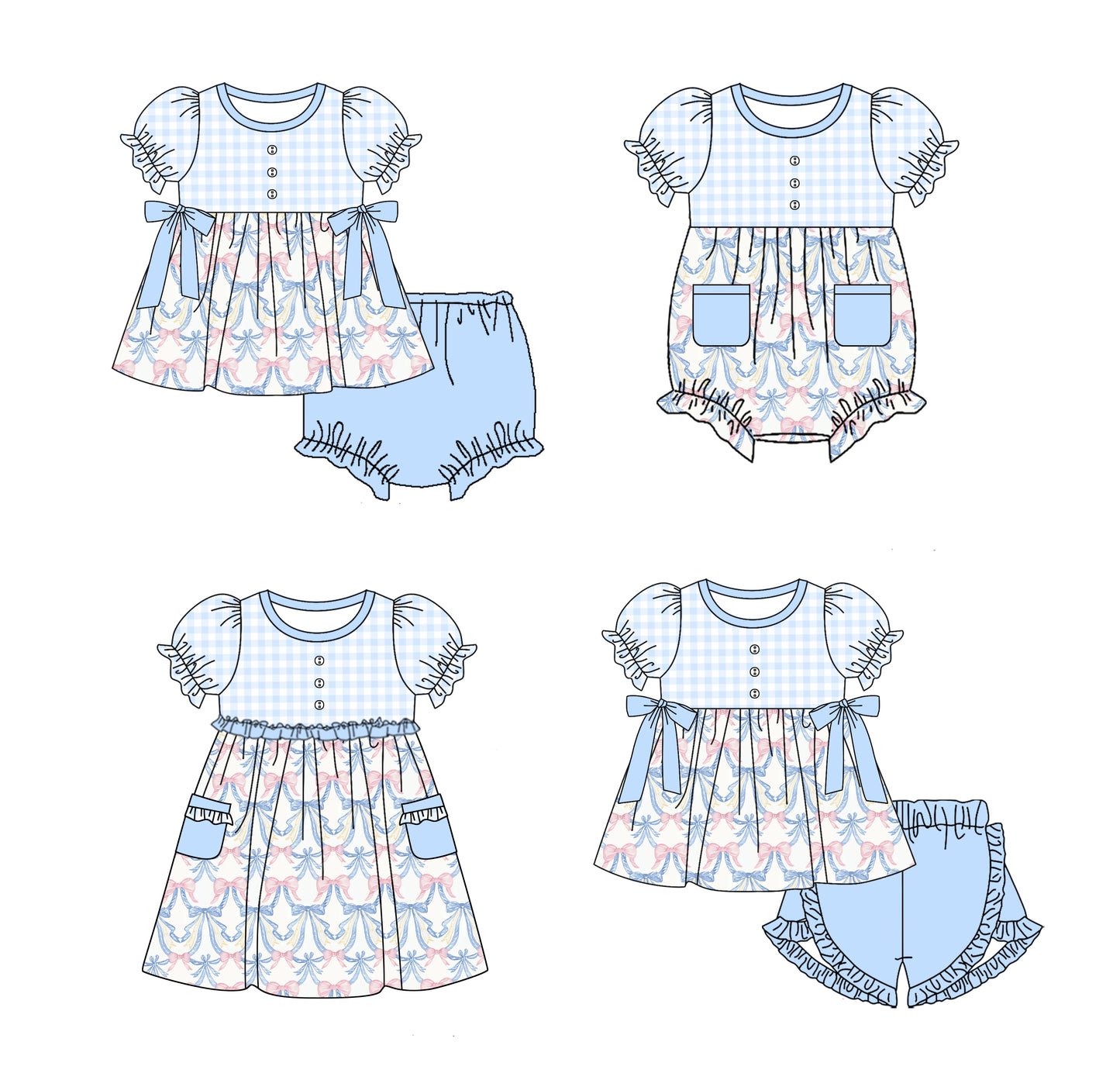 11.18 custom each style moq 5eta 4-6week Sibling Sister bow blue baby girl short sleeve shorts sets and briefs sets 2 and girls romper and dress match design