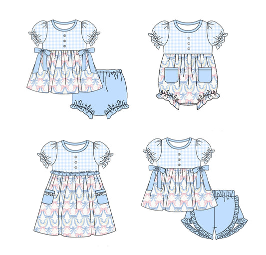 11.18 custom each style moq 5eta 4-6week Sibling Sister bow blue baby girl short sleeve shorts sets and briefs sets 2 and girls romper and dress match design