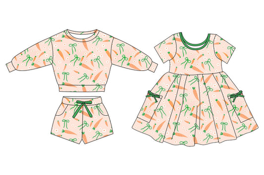 25.11.4 custom each style moq 5 eta 6-8week Sibling Sisters carrot bow baby girl long sleeve shorts sets and dress match family design