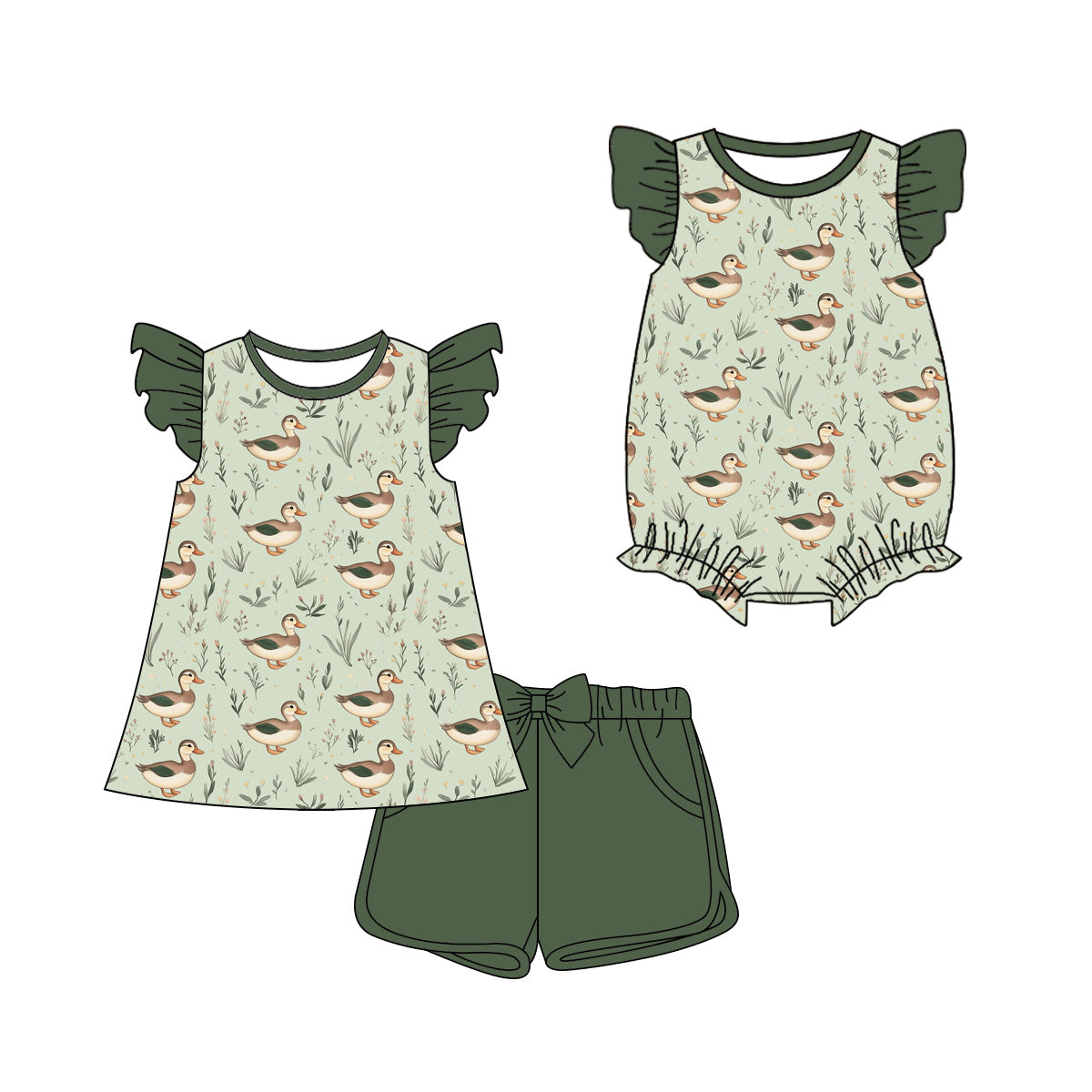 3.21 Custom moq 5 mix size Sibling Cute Clothes Baby Girl's Green Flutter Sleeve Top And Short Set Matching Romper for Summer