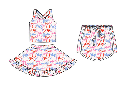 Custom moq 5 mix size Sibling Baby Girls Bow Print Pink Sleeveless Top And Skirt Set with Shorts Cute Toddler Outfit
