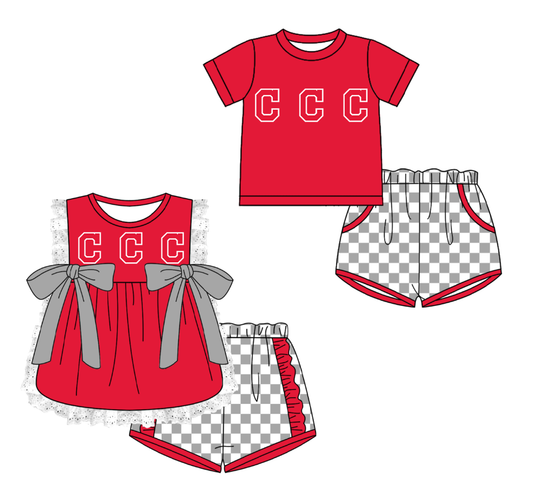 Custom moq 5 mix size milk silk summer teams Red Girl Sleeveless Top And Plaid Shorts Set with Bow Boy Short Sleeved Top And Plaid Shorts Set