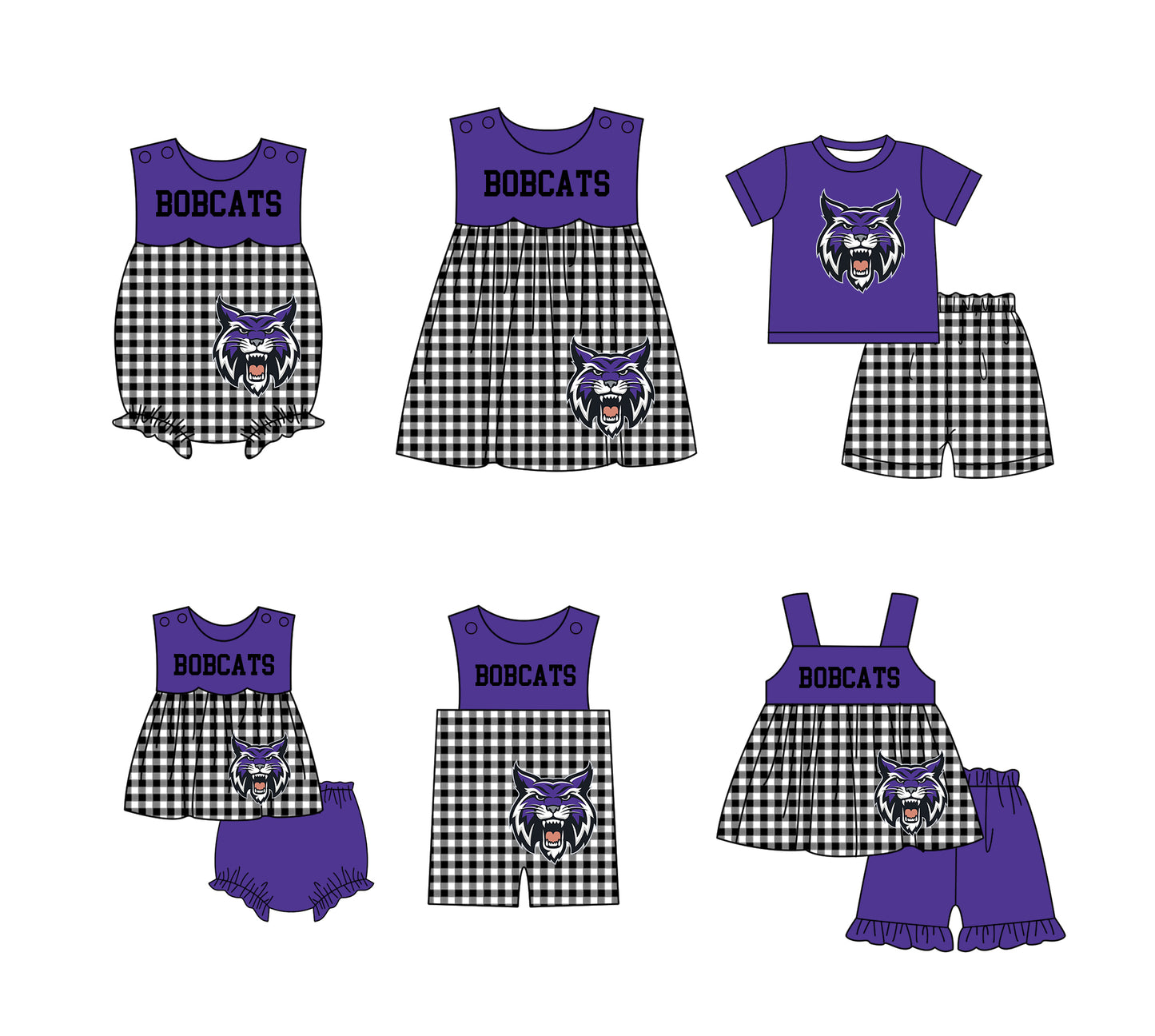 Custom moq 5 mix size milk silk summer teams baby girl boys clothes Purple Black and white checkered short sleeve shorts sets 3 and dress and rompers 2 series