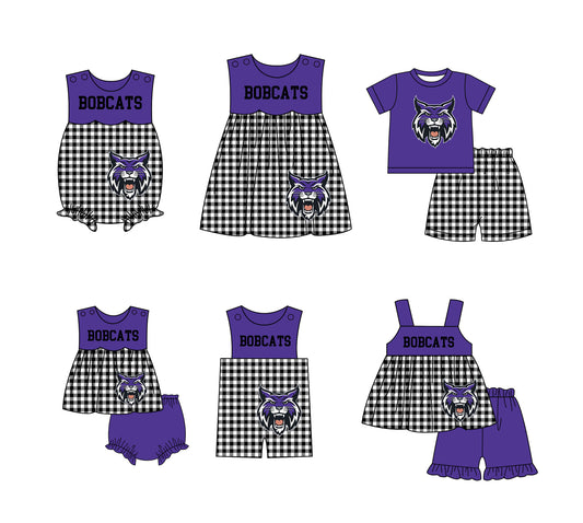 Custom moq 5 mix size milk silk summer teams baby girl boys clothes Purple Black and white checkered short sleeve shorts sets 3 and dress and rompers 2 series