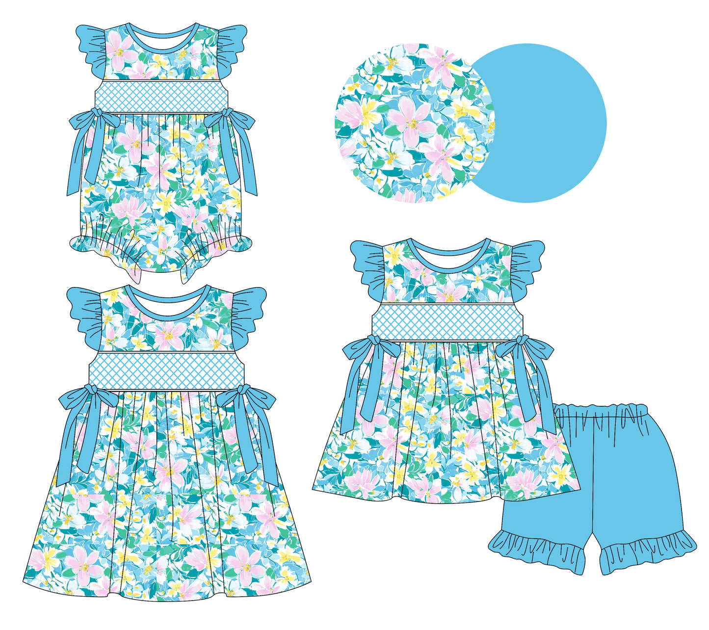 3.7 custom each style moq 5eta 4-6week Sibling Sisters floral baby girl short sleeve shorts sets and dress and rompers match family design
