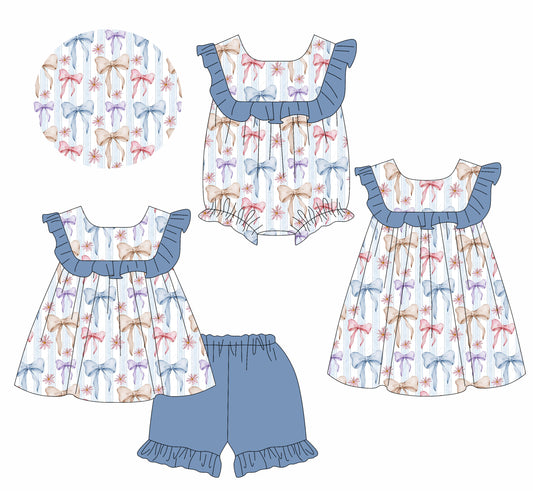 25.5.25 custom each style moq 5eta 4-6week Sibling Sisters bow floral baby girl short sleeve shorts sets and dress and rompers match family design