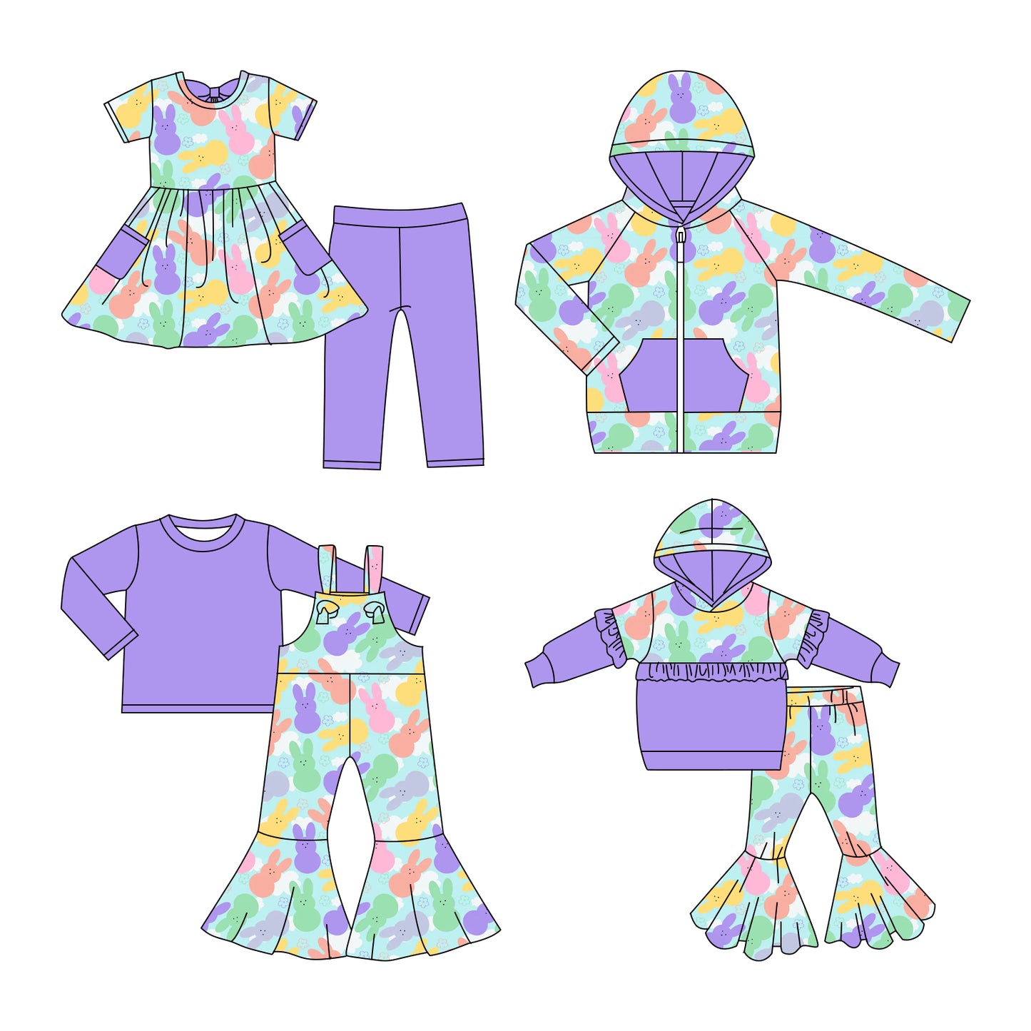 25.11.7 custom each style moq 5 eta 6-8week Sibling Sisters bunny baby girl hooded long sleeve pants sets and top and and short pants sets and jumpsuit set match family design