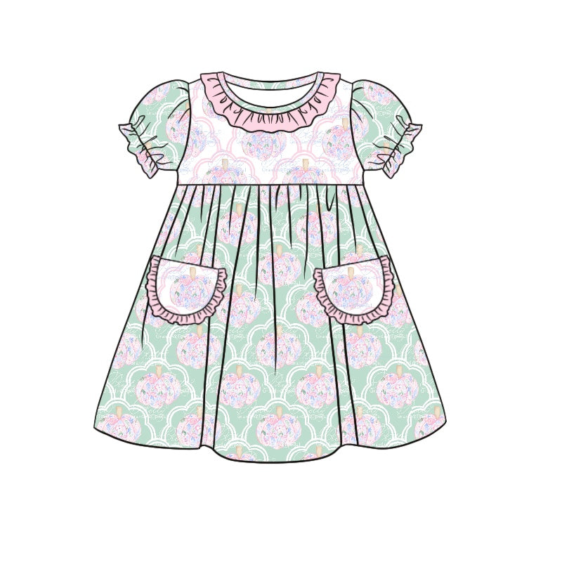 5.11custom each style moq 5eta 4-5week Sibling Sister pink flower pumpkin prints green girls set and baby romper and dress match family design