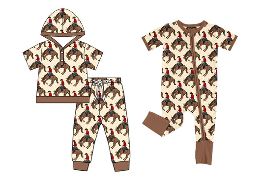 5.6 custom each style moq 5eta 4-6week Sibling Sister riding horse baby boy short sleeve pants sets and rompers match family desigm