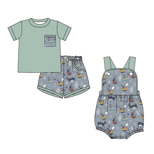 Custom moq 5 mix size Sibling green Baby Boys Romper Short-Sleeved Top And Shorts Set for Infants