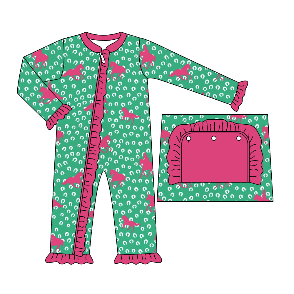 6.7 custom each style moq 5eta 4-6 week Sibling Sister riding horse green girls pajamas outfits and romper match family design