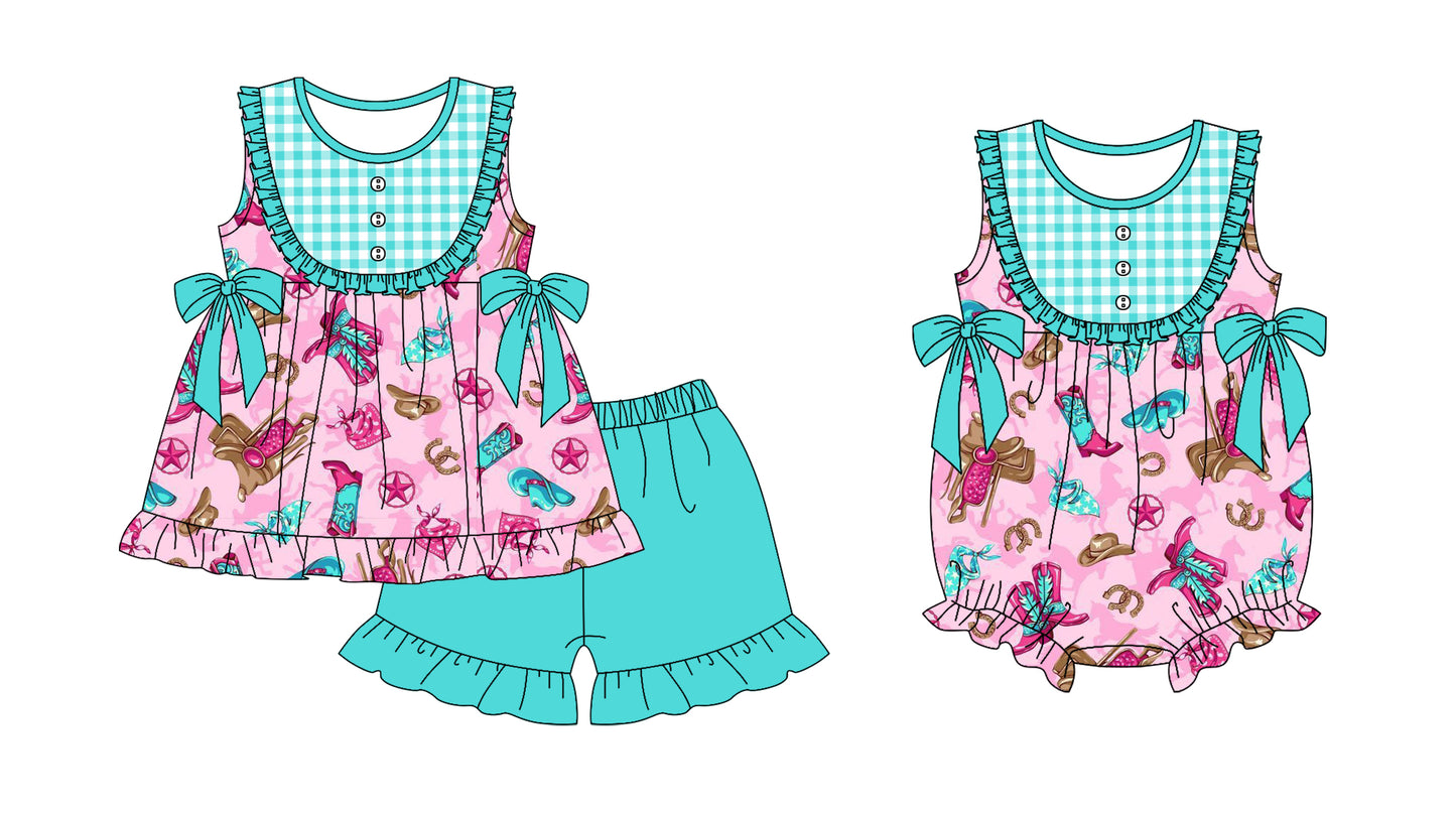 11.21 custom each style moq 5eta 4-6week Sibling Sister boot hat baby girl short sleeve shorts sets and rompers match design