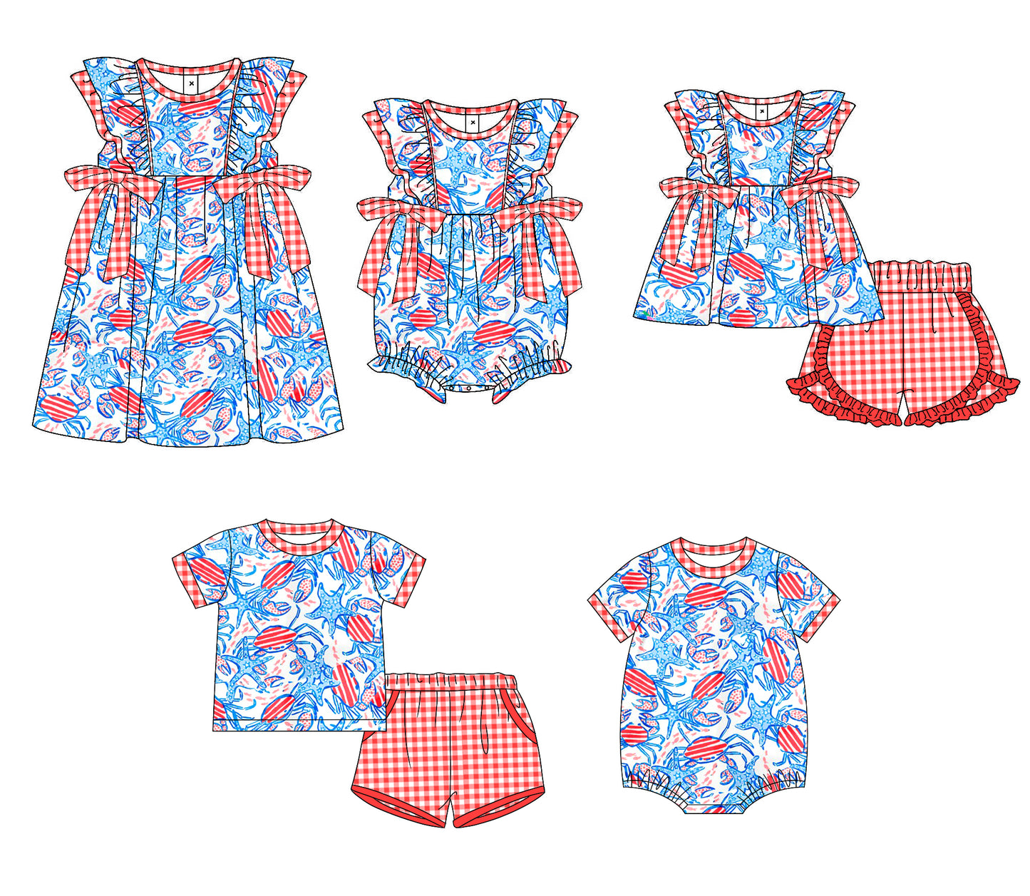 11.9 custom each style moq 5eta 4-6week Sibling Sister pattern baby girl short sleeve shorts sets 1 and  sets 2 and girls romper and boy romper and dress match design