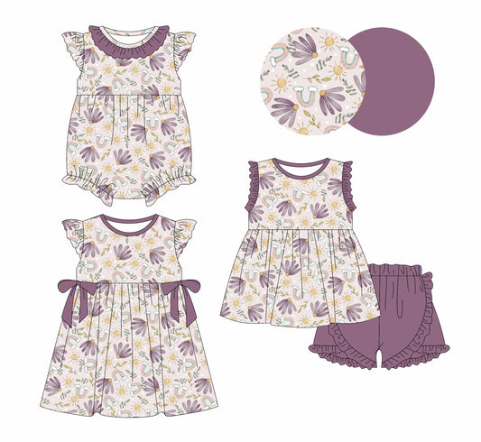 12.28 custom each style moq 5eta 4-6week Sibling Sister floral rainbow baby girl short sleeve shorts sets and dress and rompers match family design