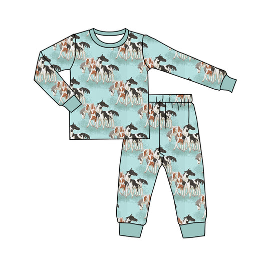 8.17 custom each style moq 5eta 4-6week Sibling Sister horse blue baby boys sets and rompers match family design