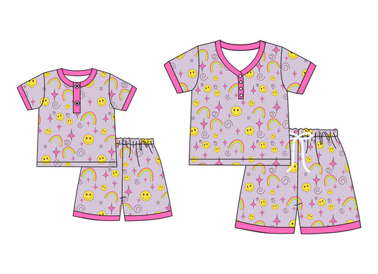4.19 custom each style moq 5eta 4-6week Sibling Sister smiley rainbow short sleeve shorts sets and adult sets match design