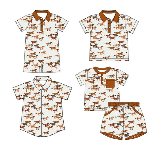 3.14 Custom moq 5 mix size Sibling Baby Boy's Brown Short-Sleeved Outfit Set with Matching Polo Shirt And Button-Down Shirt Romper