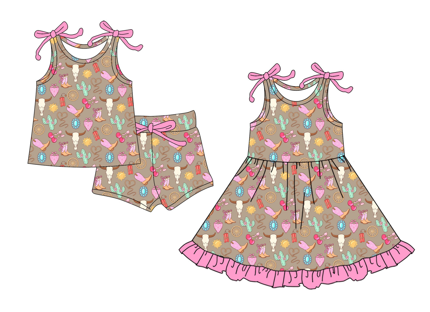 Custom moq 5 mix size Sibling Baby Girl's Western Style Outfit Sleeveless Top And Shorts Set with Bull's Head Cactus Print