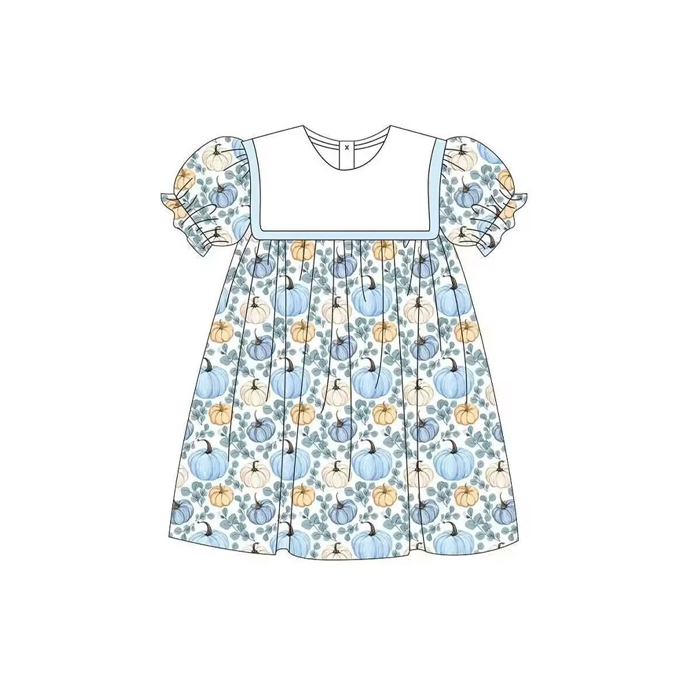5.11custom each style moq 5eta 4-5week Sibling Sister pumpkin grass prints blue girls set and baby romper and dress match family design