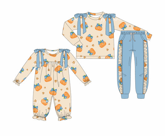 25.7.2 custom each style moq 5eta 4-6week Sibling Sisters pumpkin bow baby girl long sleeve pants sets and rompers match family design