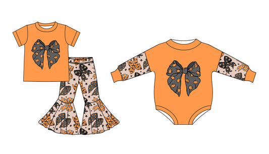 25.5.8 custom each style moq 5eta 4-6week Sibling Sister bow orange baby girl short sleeve pants sets and rompers match family desigm