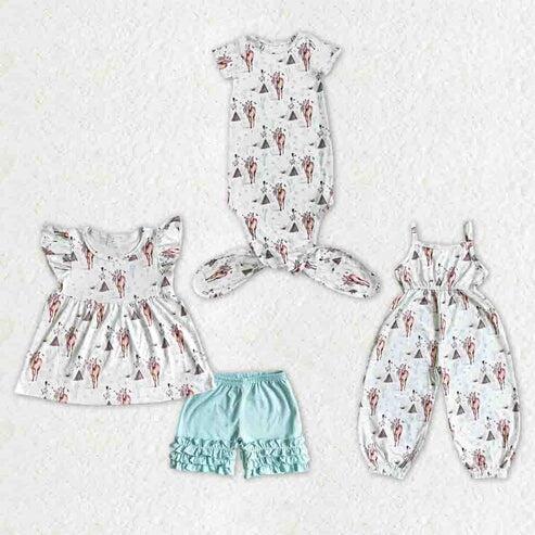 RTS NO MOQ Sibling Baby Girls Western Horse Top with Ruffle Shorts Set gowns Jumpsuit