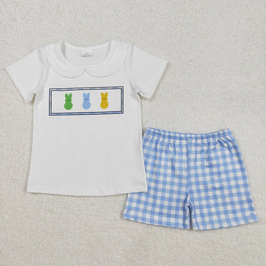 RTS NO MOQ ETA 5/7days Arrived BSSO1243 Easter bunny doll collar white short-sleeved blue plaid shorts set