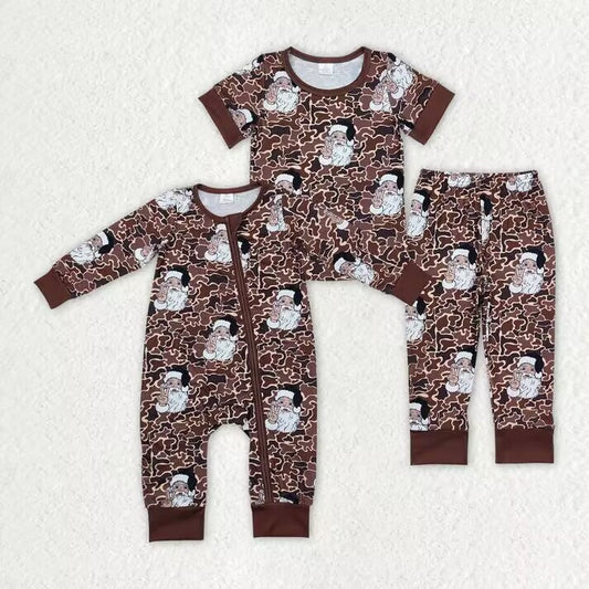 RTS NO MOQ Tan Leopard Santa Short Sleeve Pant Suit & Romper